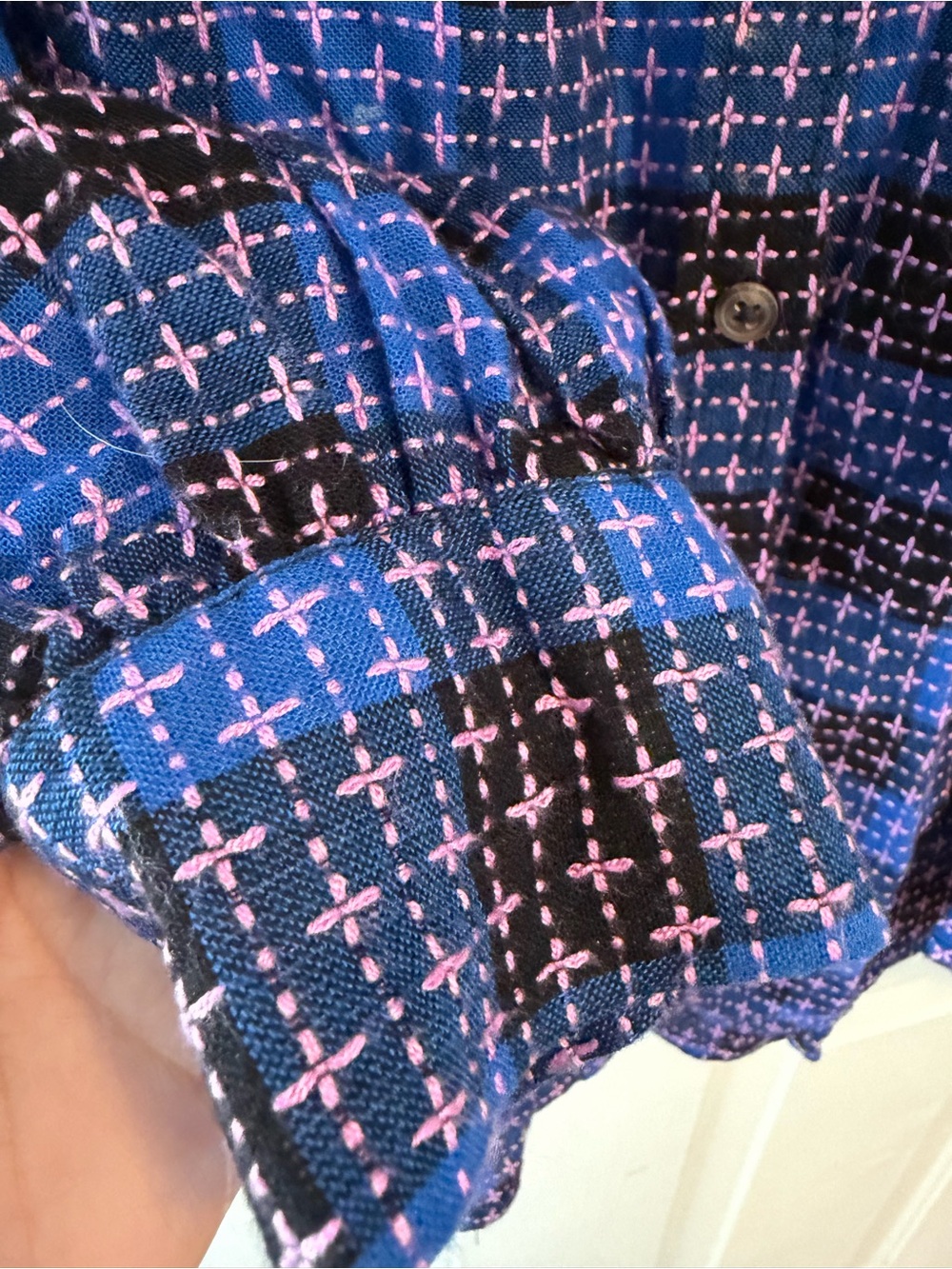 Anthropologie Pilcro blue embroidered plaid button-down long-sleeve blouse - Picture 7 of 8